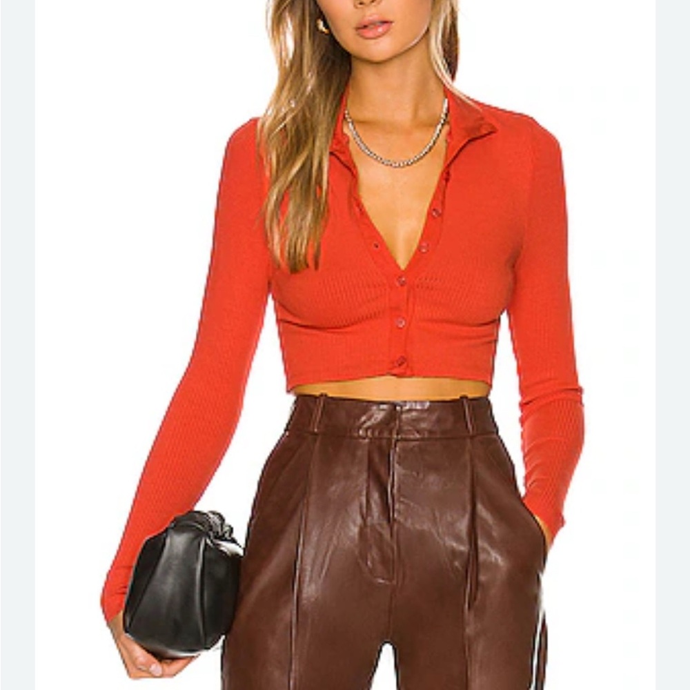 THE RANGE Cropped Button-Down Turtleneck Top Blood Orange Size S New